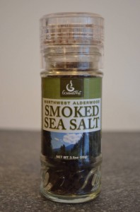 bottle of smoked sea salt with white background