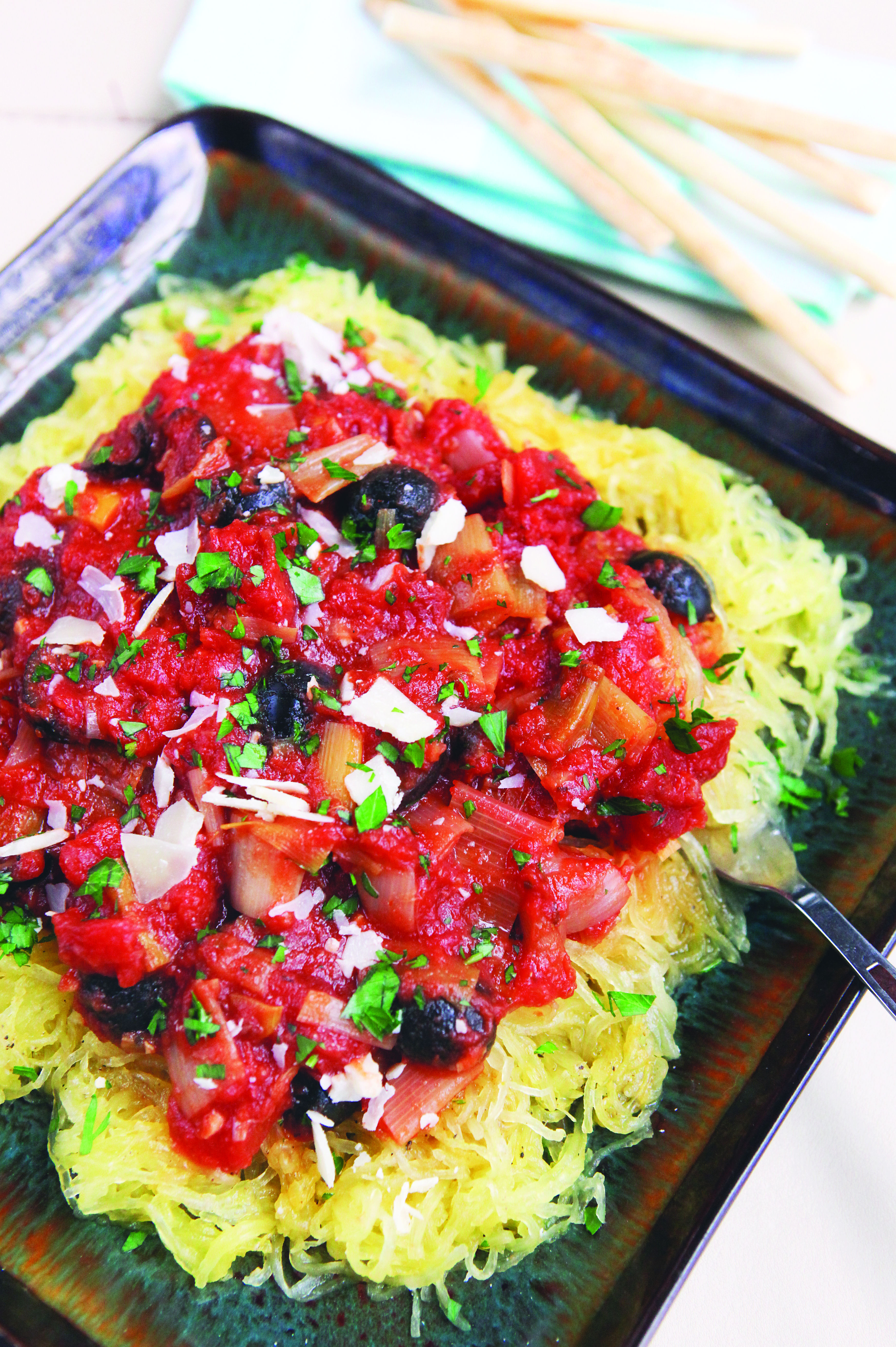 Spaghetti Squash with Leek and Olive Marinara