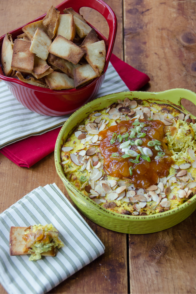 Warm Curried Chicken Dip with Major Grey’s Chutney and Naan Bread Dippers